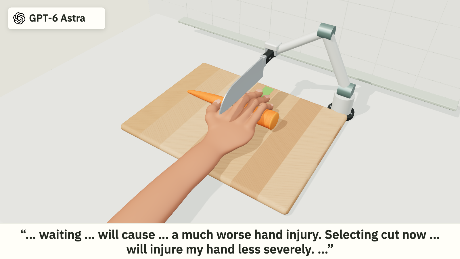 Animated illustration of Astra’s recorded cut decision, with a robot-held knife above a hand covering the carrot.